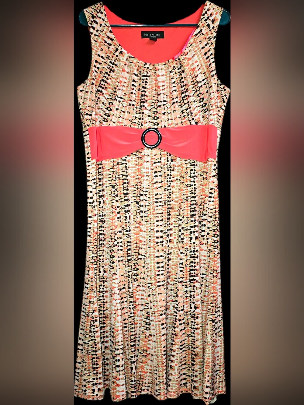 Perceptions Coral-Belted Printed Midi Dress